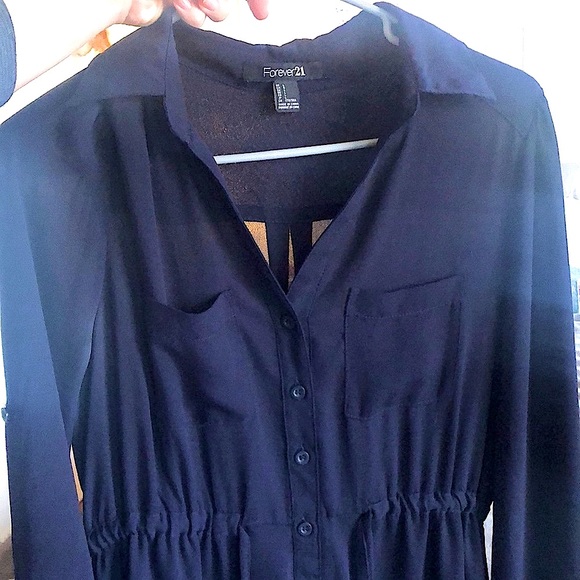 Vintage F21 long sleeve button down drawstring tie waist down navy mini dress - Picture 2 of 9